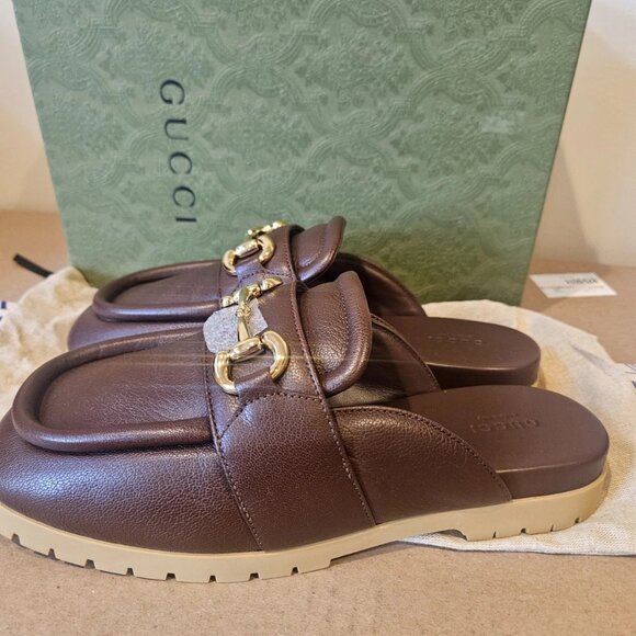 GUCCI Airel Leather Horsebit Loafer Mules Slide Brown - Picture 1 of 11